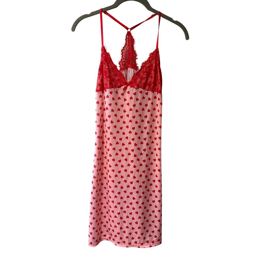 Body Touch Red Heart Valentines Babydoll Chemise Lace Nightgown Slip Dress